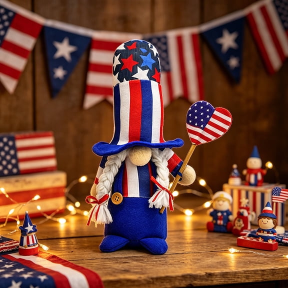4th of July Gnome Figurine Patriotic Independence Day Decor Faceless Red White Blue Striped Hat Tabletop Centerpiece Shelf Sitter 9 Inch