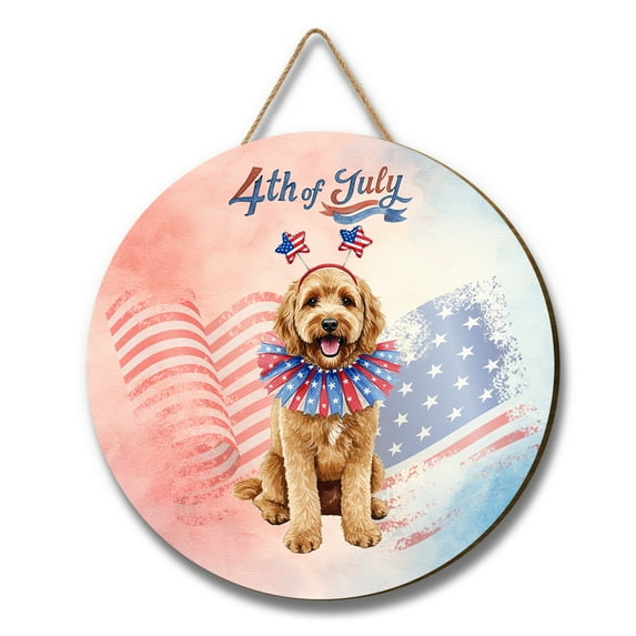 4th of July Goldendoodle Celebrates Independence Day Round Wood Sign Doodle Dog Lover Gifts Idea Hanging Wall Home Decor - 12010