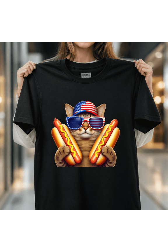 4th of July Hotdog Cat Funny Patriotic Cat USA Flag Wiener Pet Lover Unisex T-Shirt, S-5XL