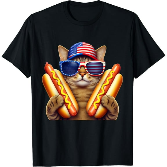 4th of July Hotdog Cat Funny Patriotic Cat USA Flag Wiener T-Shirt Tops Tee