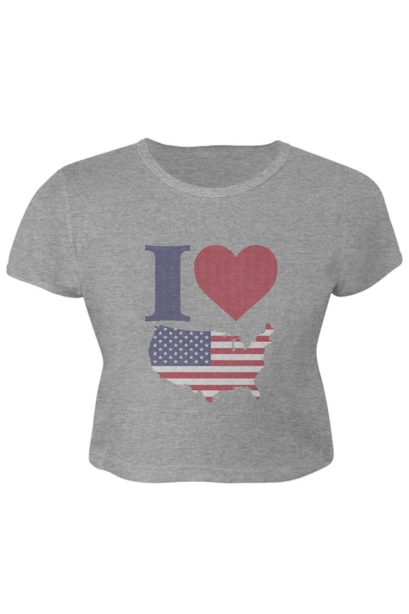 4th of July I Heart Love America Halftone Juniors Crop Top T-Shirt Heather LG