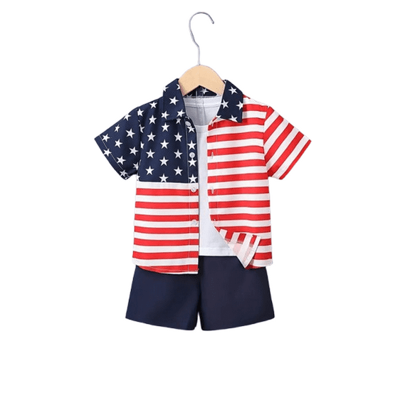 4th of July Indepandence Day Outfit For 4Y,5Y,6Y,7Y Boys Stars and Stripes Button Down Lapel Shirt Elastic Shorts Set 2Pcs Kids Summer Clothing