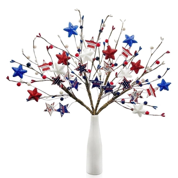 4th of July Patriotic Decoration Artificial Berry Stem Picks for Independence Day Memorial Day Table Centerpieces Decoration  (White Blue Red Stars 4PCS)