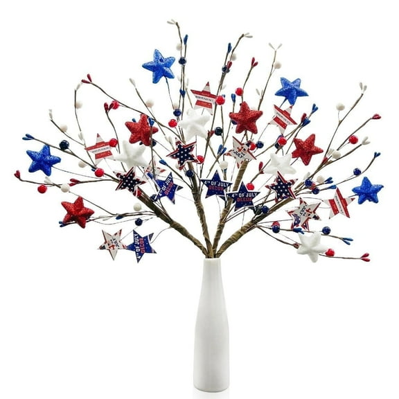 4th of July Patriotic Decoration Artificial Berry Stem Picks for Independence Day Memorial Day Table Centerpieces Decoration (White Blue Red Stars 4PCS)