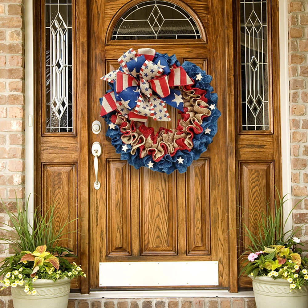 4th of July Independence Day Wreaths, Summer Patriotic Front Door Wreath with Bow Memorial Day Ribbon Wreath for Front Door Wall Home Decor