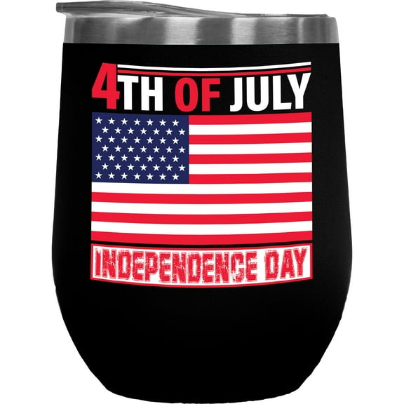 4th of July Independence Day with American Flag, Black 12oz Wine Tumbler