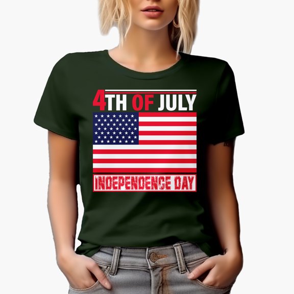 4th of July Independence Day with American Flag, Military Green T-Shirt, XL