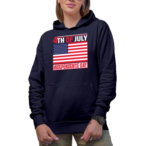 4th of July Independence Day with American Flag, Navy Blue Hooded Sweatshirt or Hoodie, Small