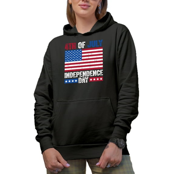 4th of July Independence Day with USA Flag, Black Hooded Sweatshirt or Hoodie, Small