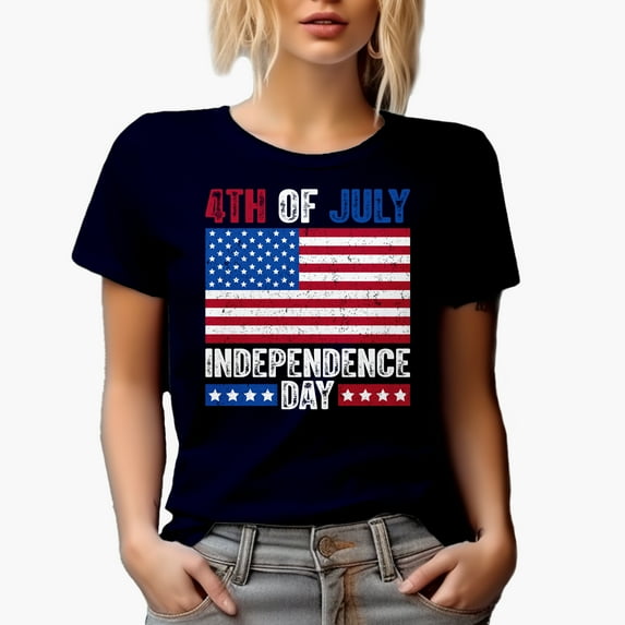 4th of July Independence Day with USA Flag, Navy Blue T-Shirt, Large