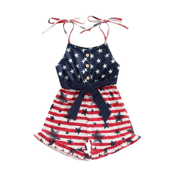 4th of July Kids Girls Romper Overalls Stripe Stars Print Sleeveless Tie-Up Spaghetti Straps Shortall Summer Jumpsuit with Belt