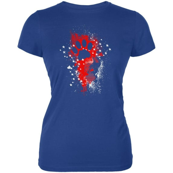 4th of July Kitty Cat Paw Print Stars and Splatters Juniors Soft T Shirt Royal SM
