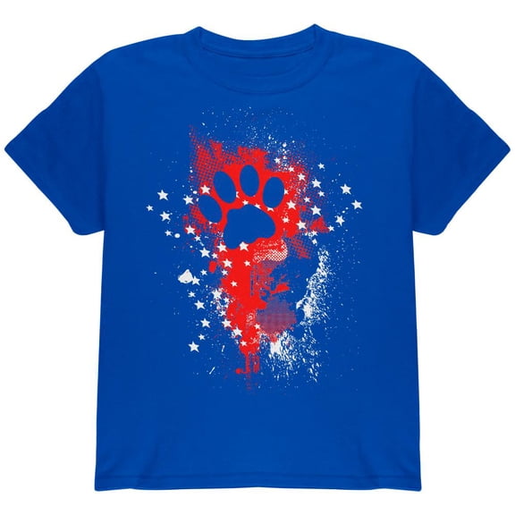 4th of July Kitty Cat Paw Print Stars and Splatters Youth T Shirt Royal YLG