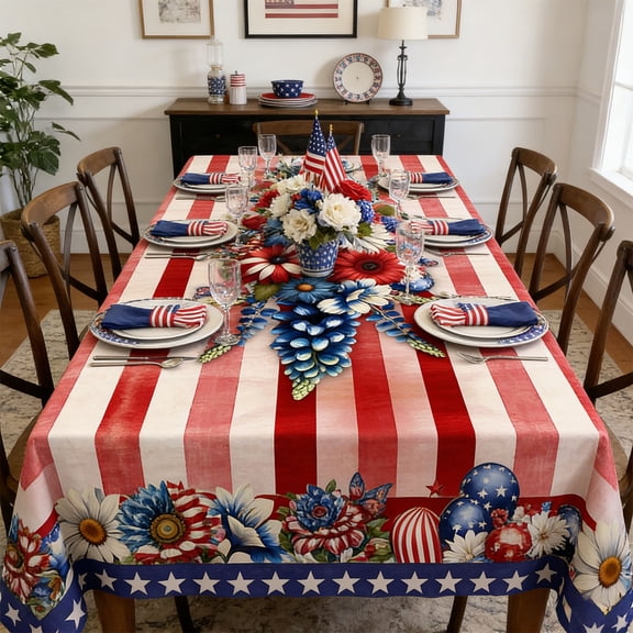 4th of July Large Flower Bouquet Tablecloth 55"x87" – 250th Anniversary Extra Long Washable Polyester for 6-8 Seat Tables