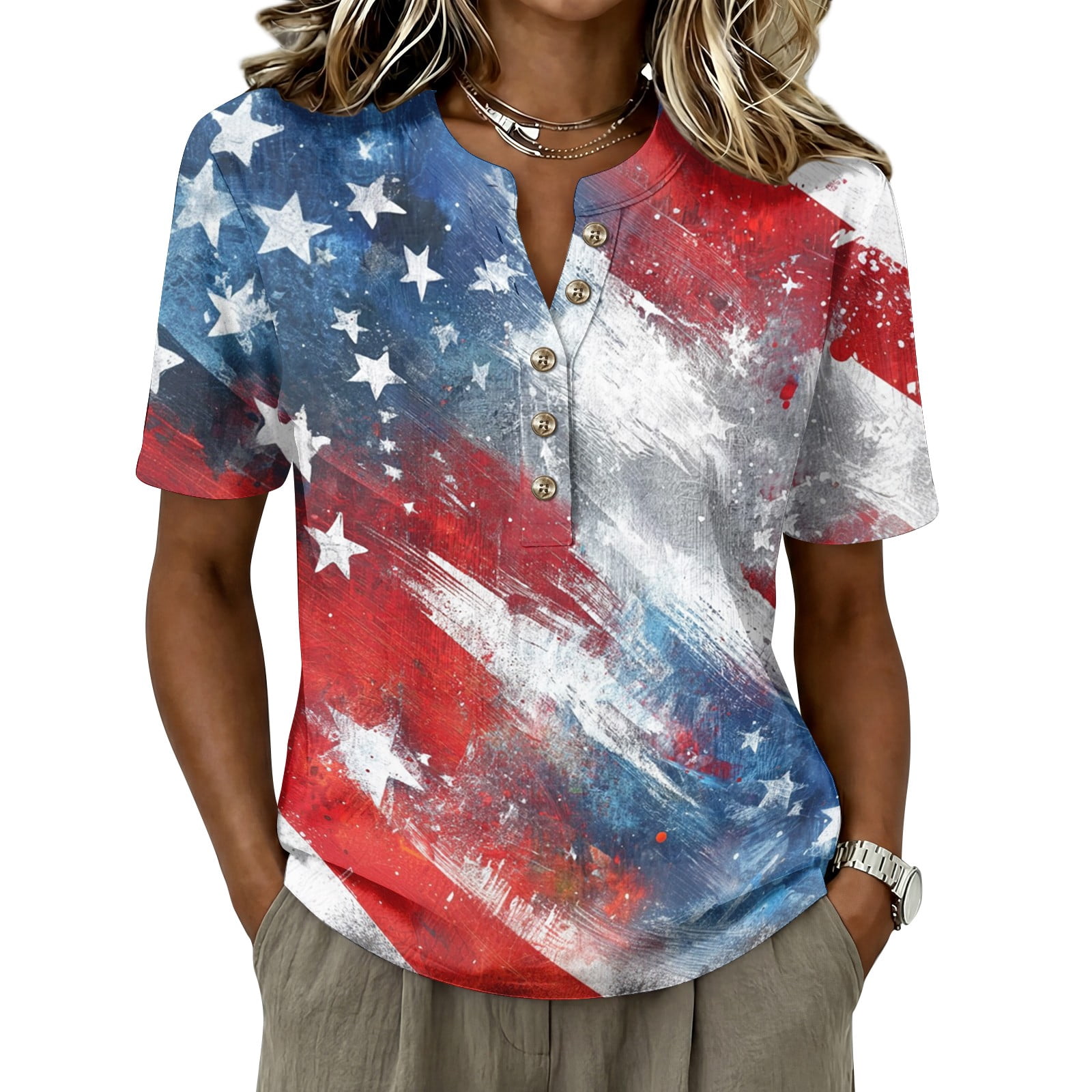 4th of July Linen Shirt Women Henley Button Collar American Flag T ...