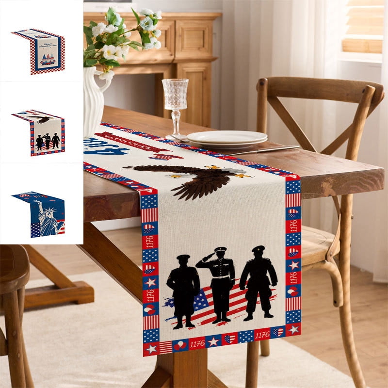 4th of July Linen Table Runner, Red White Blue Patriotic Star Pattern ...