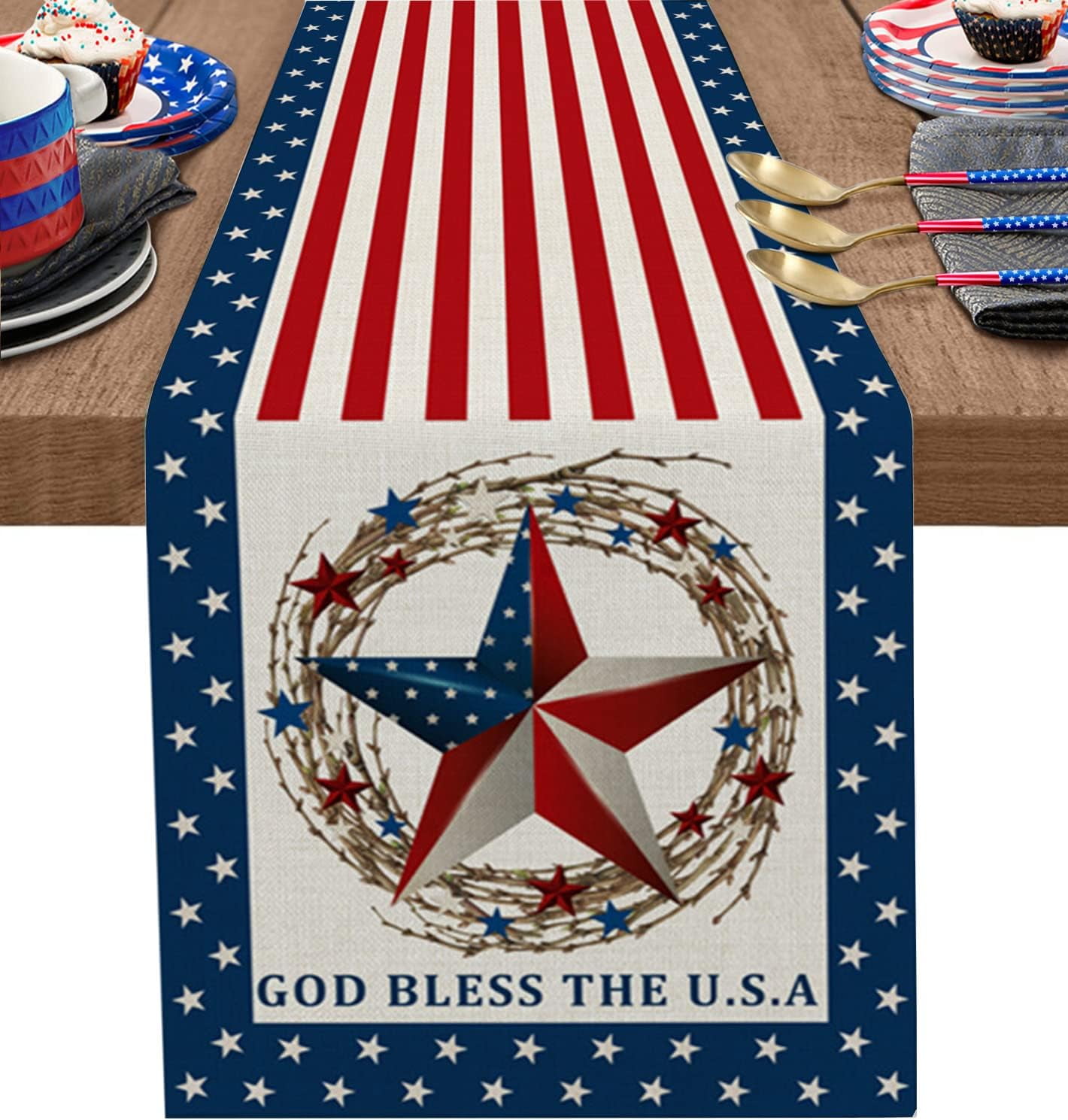 4th of July Linen Table Runner Strips Star American Flag Patriotic ...