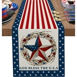 4th of July Linen Table Runner Strips Star American Flag Patriotic