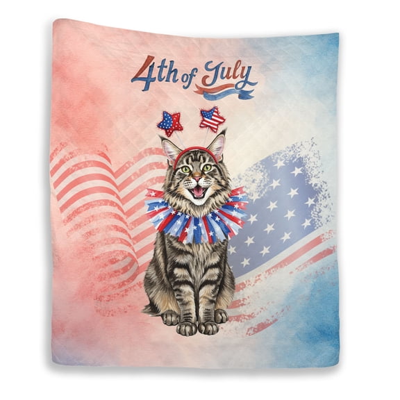 4th of July Maine Coon Celebrates Independence Day Quilt Blanket Cat Lover Kitten Owner Gifts Cozy Comforter Throw Blanket - 12010