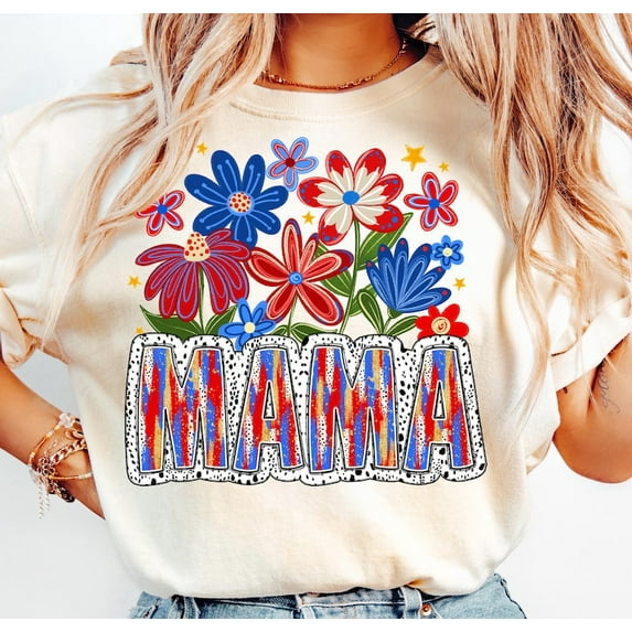 4th of July Mama T-Shirt– Floral Red White Blue Mom Tee with USA Flag and Patriotic Flowers