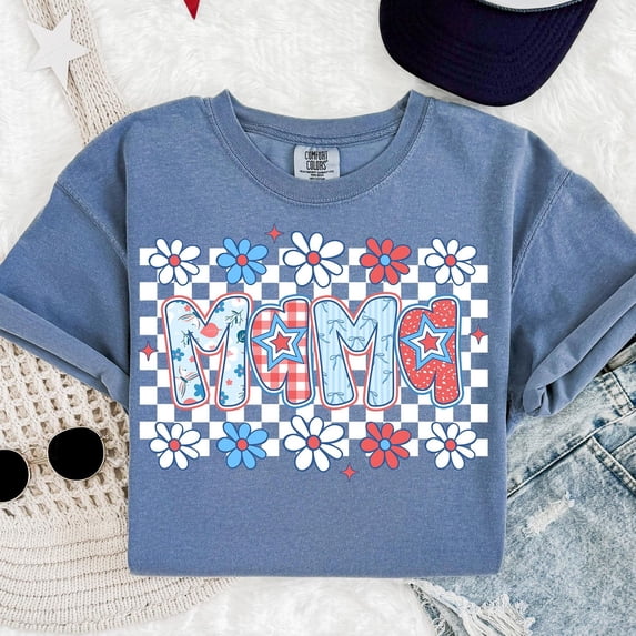 4th of July Mama Tshirt, Patriotic Checkered 4th of July Mom Shirt, Retro American Mama Tshirt, Girly Ditsy Floral USA Tshirt, Red White Blue