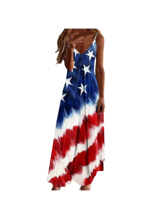 4th of July Maxi Dress for Women - Casual V Neck Patriotic USA Flags Print Sleeveless Spaghetti Strap Ankle Length Summer Vacation Dress