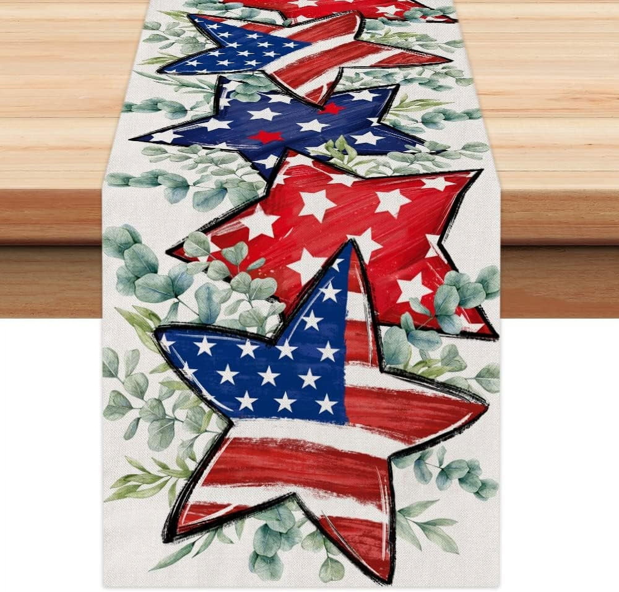 4th of July Memorial Day Linen Table Runners Stars Eucalyptus Leaves ...