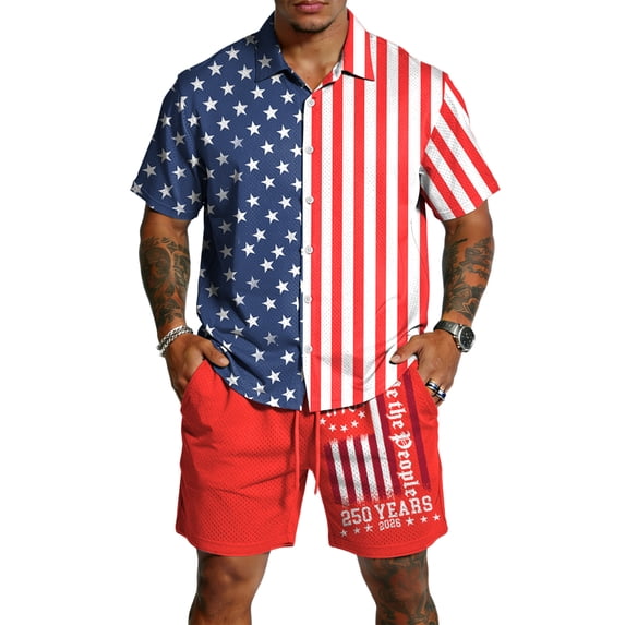 4th of July Men's 2 Piece Shorts Set Summer Beach Outfits Short Sleeve Button Down Shirts and Shorts US 250 Years Anniversary Vacation Sets
