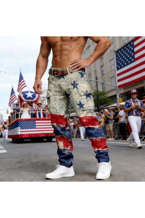 4th of July Mens Cargo Pants USA 250th Anniversary Double Pocket Outdoor Casual Utility Trousers Blue XXL