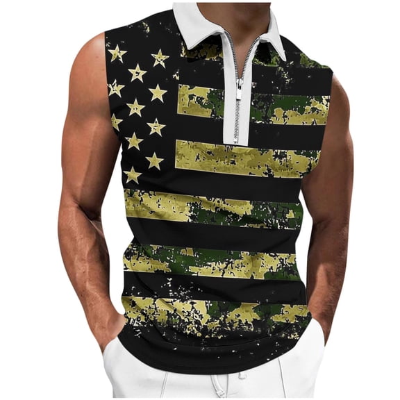 4th of July Mens Casual Polo Sleeveless Shirts American Flag Short Sleeve Half Zipper Collar Tank Tops Patriotic Gym Workout Shirt