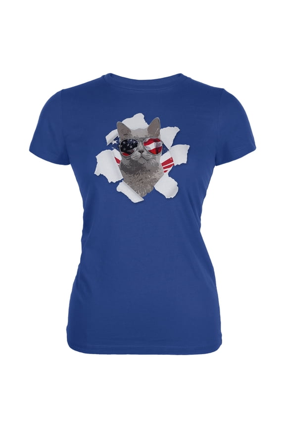 4th of July Meowica Americat Patriot Women's Juniors Soft T Shirt