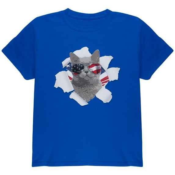 4th of July Meowica Americat Patriot Youth T Shirt Royal YMD