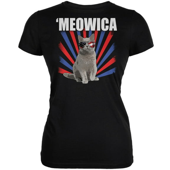 4th of July Meowica Black Juniors T-Shirt - X-Large