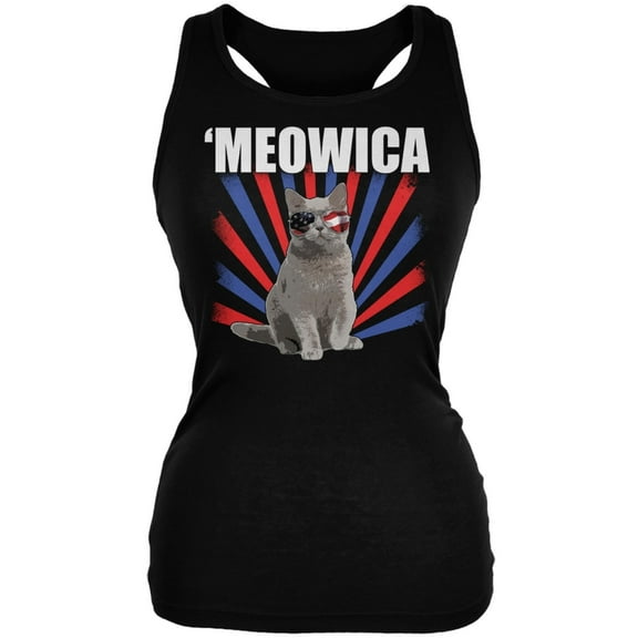 4th of July Meowica Black Juniors Tank Top - Large