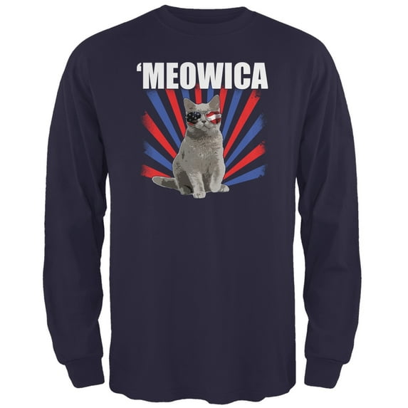4th of July Meowica Navy Adult Long Sleeve T-Shirt - 2X-Large