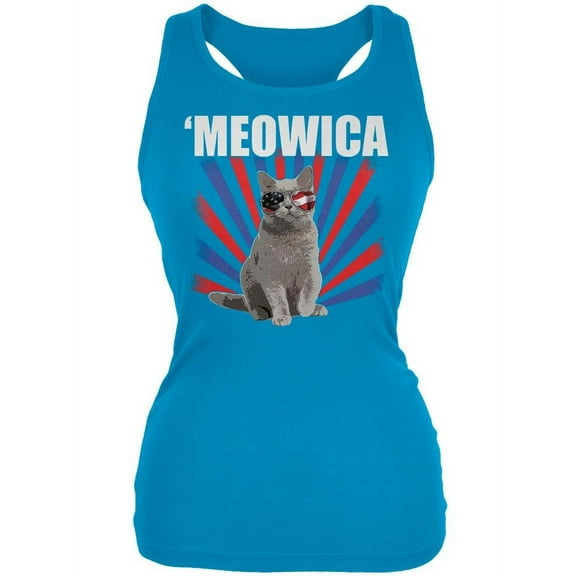 4th of July Meowica Pale Blue Juniors Tank Top - X-Large