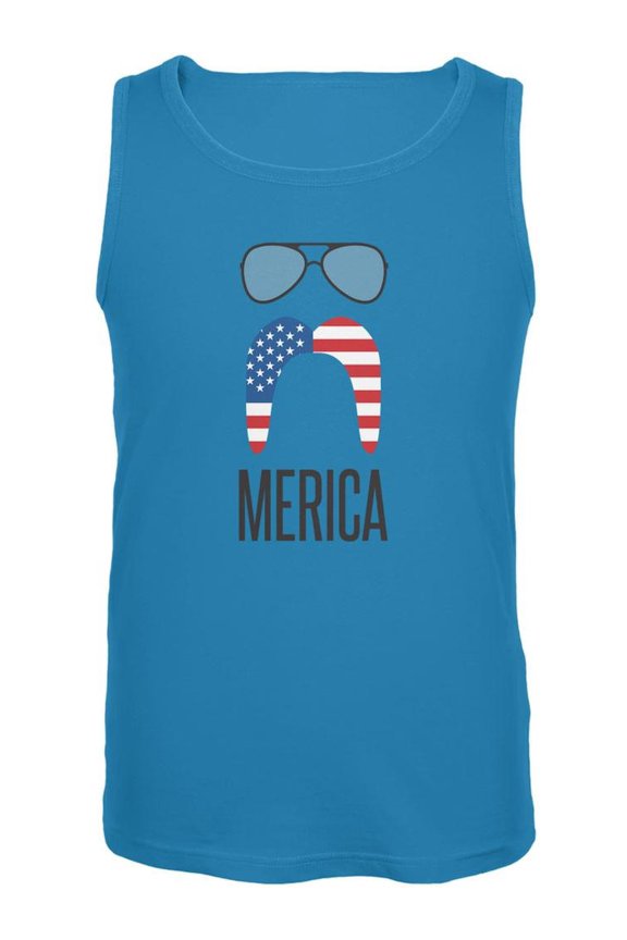 Merica Sunglasses and Mustache Turquoise Adult Tank Top - Small