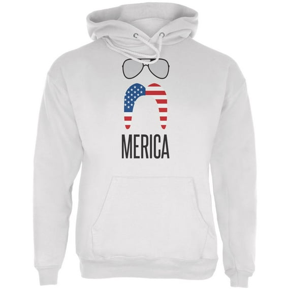 4th of July Merica Sunglasses and Mustache White Adult Hoodie - Medium