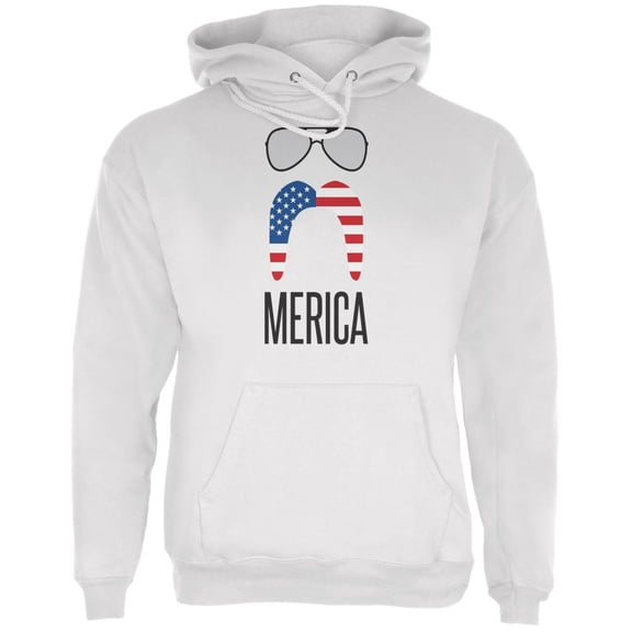 4th of July Merica Sunglasses and Mustache White Adult Hoodie - Medium