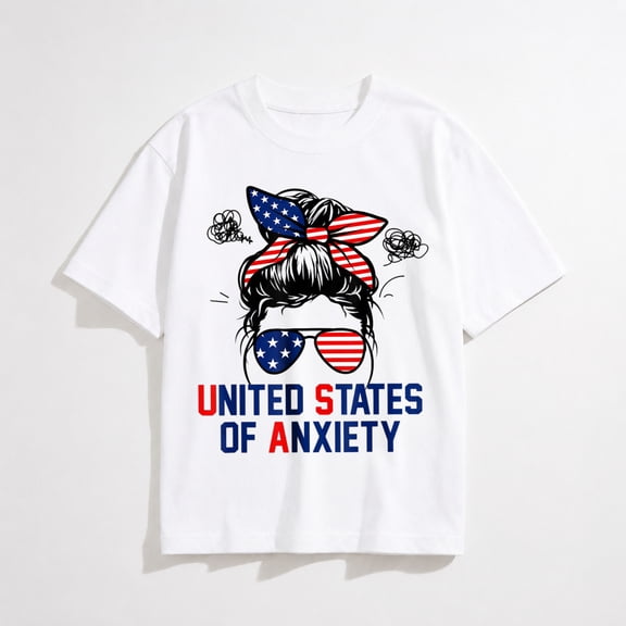 4th of July Messy Bun Mom T-Shirt for Women, Patriotic American Flag Graphic Short Sleeve Tee