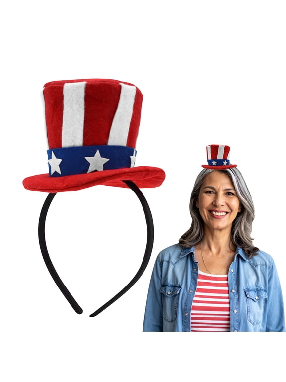 Patriotic Mini Top Hat Headband 4th of July Uncle Sam Costume Accessory for Men Women USA Red White Blue Striped Felt Hat with Stars Independence Day Party Parade Wear