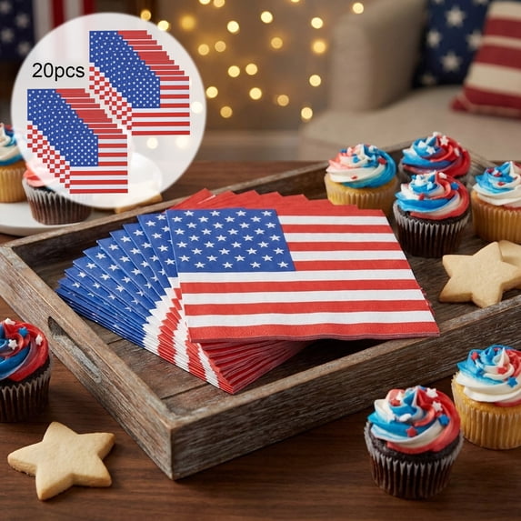 4th of July Napkins, 25PCS Red White and Blue Star & Flag Pattern Cocktail Napkins, Patriotic Disposable Tableware for Independence Day Party Decor