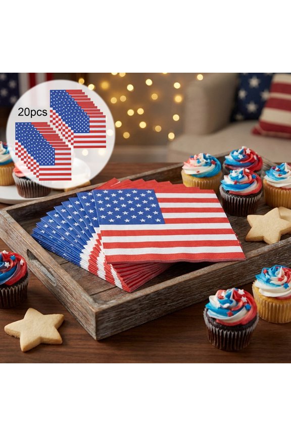 4th of July Napkins, 25PCS Red White and Blue Star & Flag Pattern Cocktail Napkins, Patriotic Disposable Tableware for Independence Day Party Decor