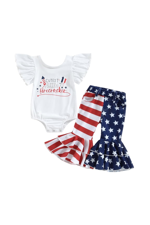 4th of July Newborn Infant Baby Girl Outfits Cute America Romper 6M 12M 18M 24M Onesie+Star Stripe Pants Bell Bottoms Outfit