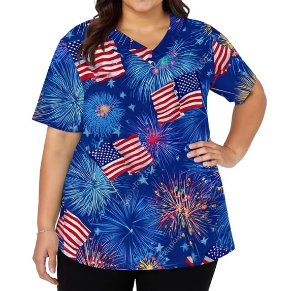 4th of July Nurse Shirt Plus Size The Stars and Patriotic Workwear Healthcare Nursing Uniforms Blue 3XL