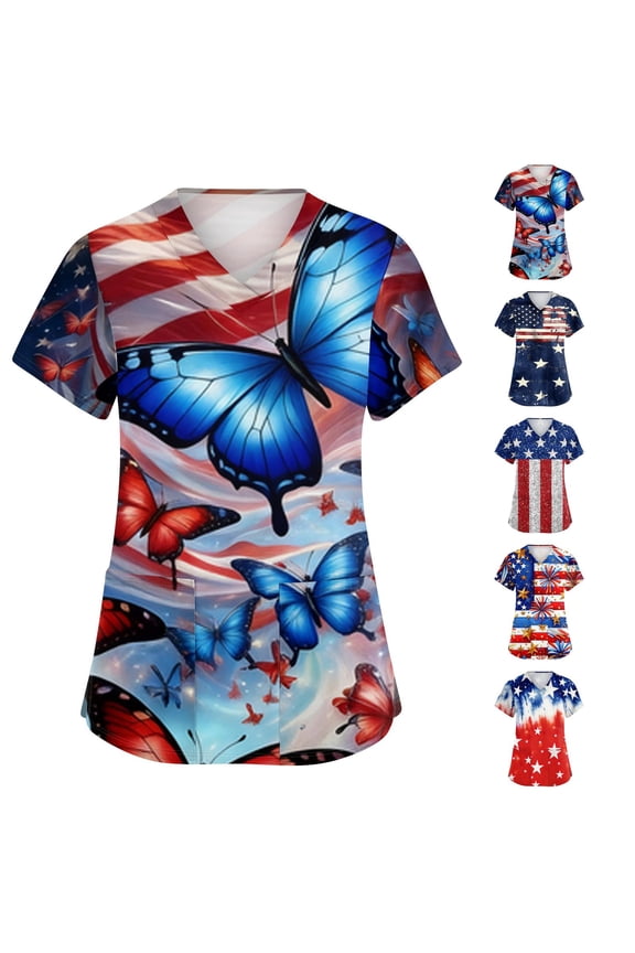 4th of July Nurse Shirt Plus Size The Stars and Patriotic Workwear Healthcare Nursing Uniforms Dark Blue S