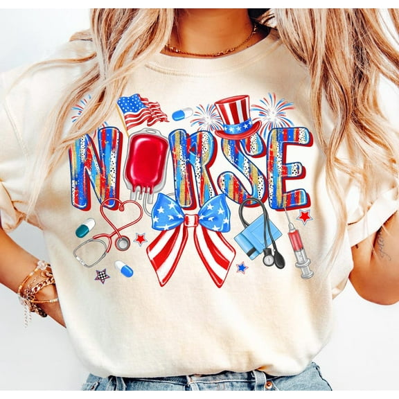 4th of July Nurse T-Shirt, Red White Blue Coquette Bow, Patriotic Medical Shirt, Independence Day Healthcare Gift