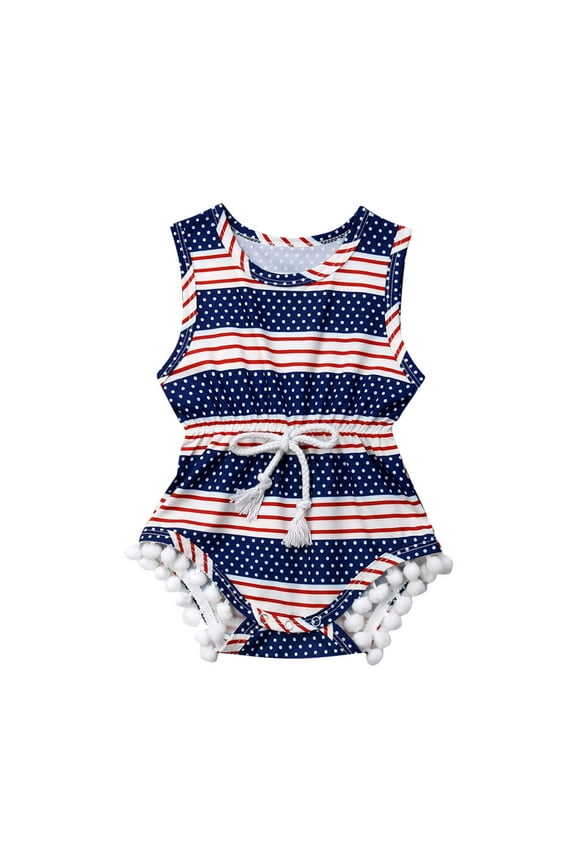 4th of July Outfit Toddler Baby Girl American Flag Tassel Romper with Headband One-Piece Summer Clothes 0-18 Months