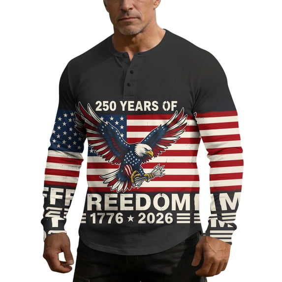 4th of July Outfits for Men 250th Anniversary Usa Shirt Long Sleeve Henley Pullover American Flag Tops Button Up Muscle Shirt