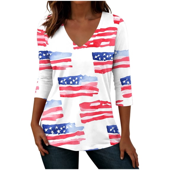 4th of July Outfits for Women American Flag V Neck Shirt 3/4 Sleeve Casual Tops Usa 250th Anniversary Shirt Holiday Tunic Tops